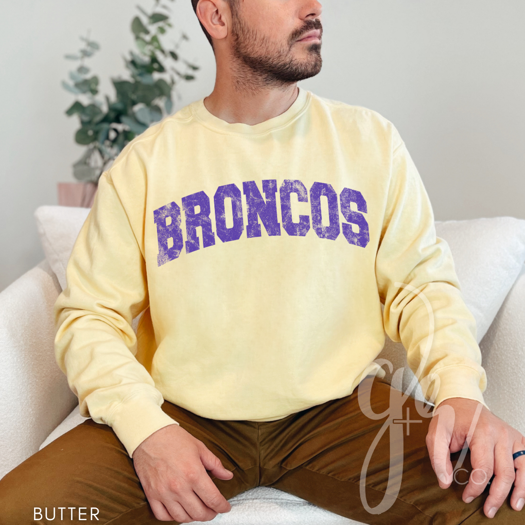 NEW! Distressed Varsity Broncos (Tees+Sweatshirts)