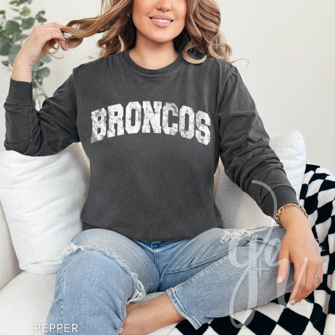 NEW! Distressed Varsity Broncos (Tees+Sweatshirts)