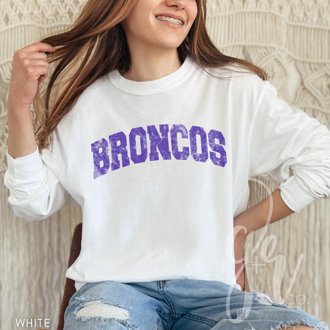 NEW! Distressed Varsity Broncos (Tees+Sweatshirts)