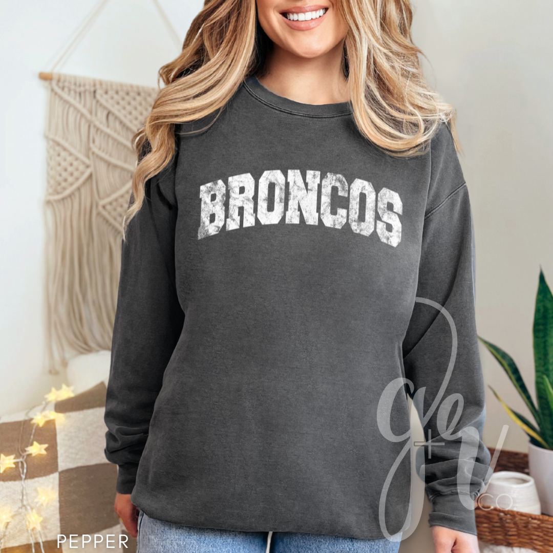 NEW! Distressed Varsity Broncos (Tees+Sweatshirts)
