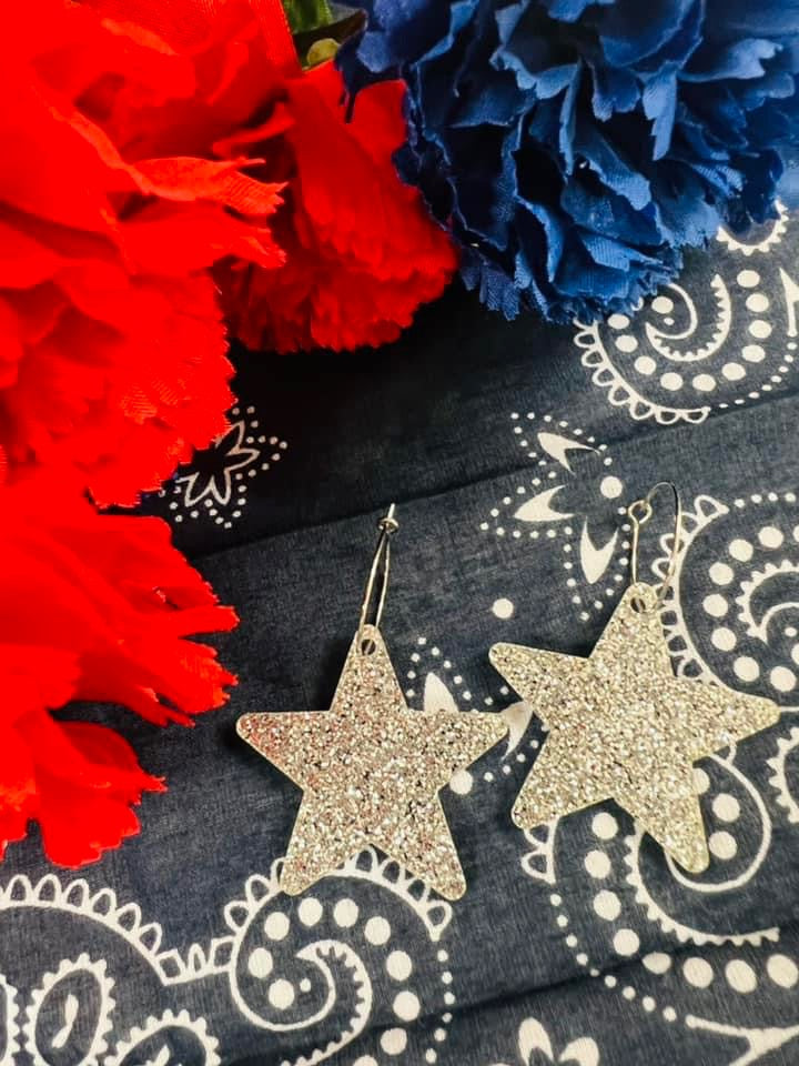 Glitter Silver Star Hoop Earrings