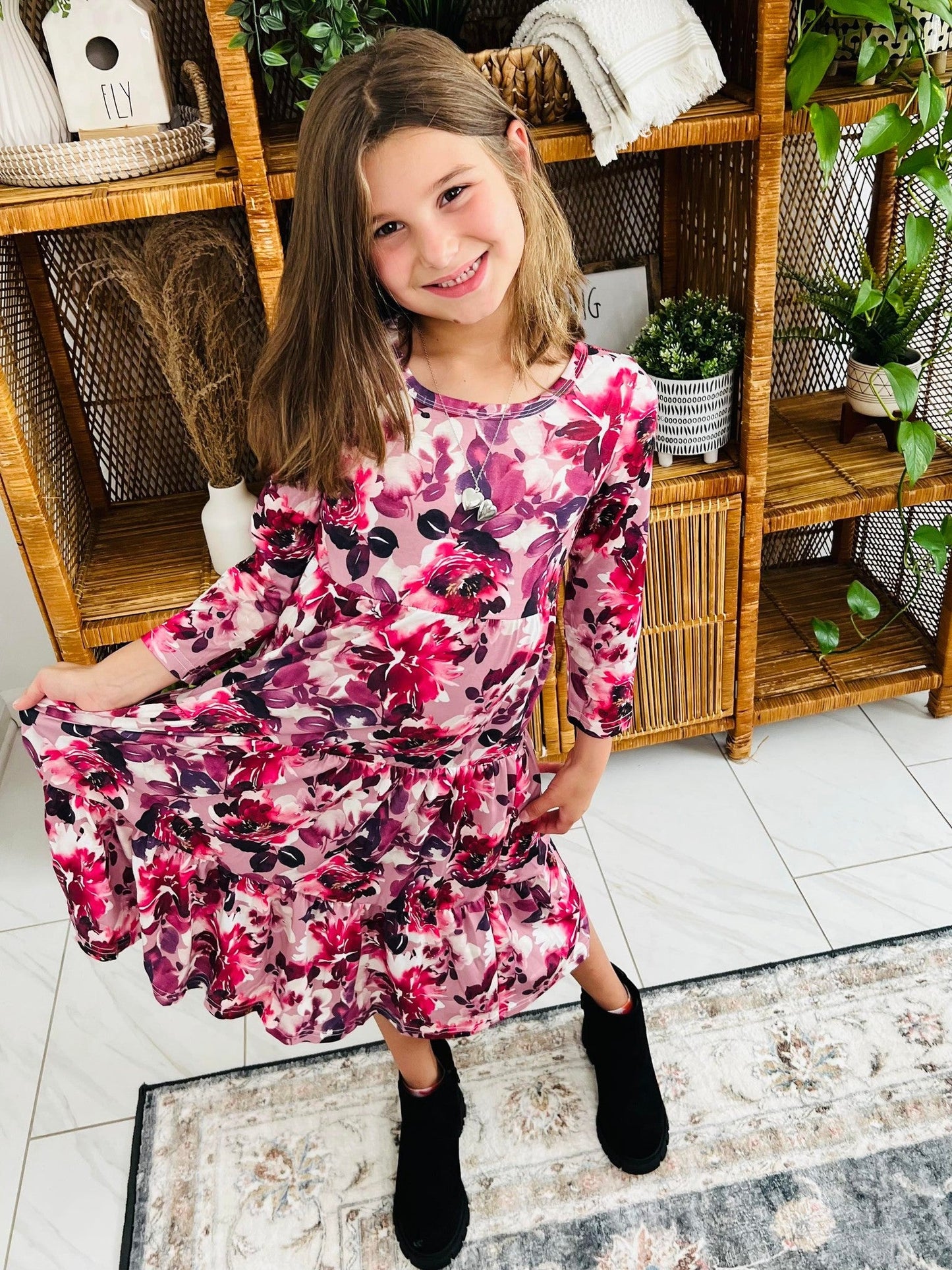 Matching Tiered Floral Dress in Berry (RTS)