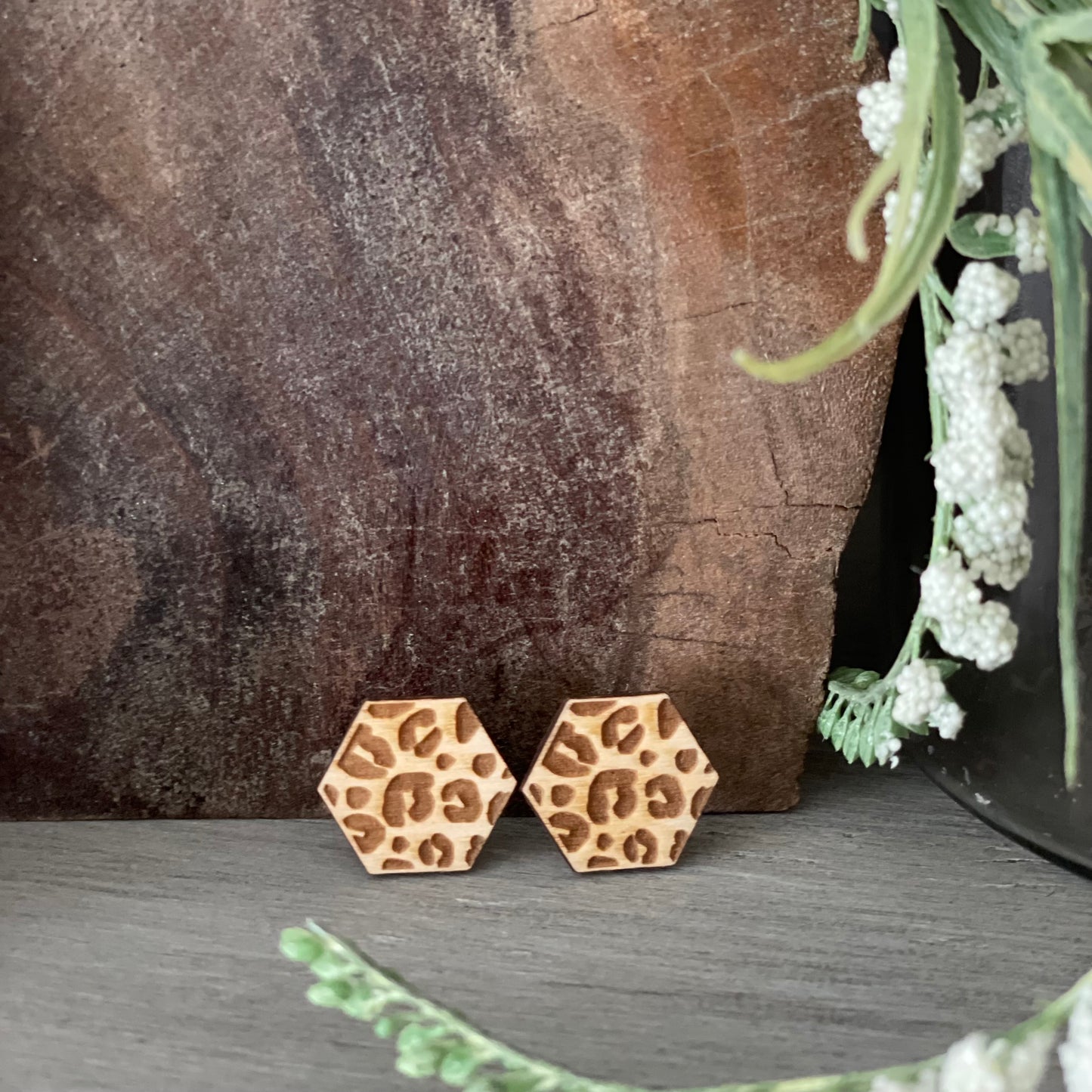 Leopard Hexagon Wood Studs