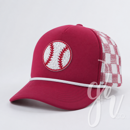 Maroon Check Foam Trucker Hat - Baseball Patch
