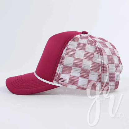 Maroon Check Foam Trucker Hat - Baseball Patch