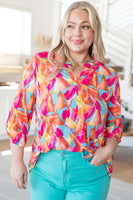 Lizzy Top in Teal and Hot Pink Abstract Fans