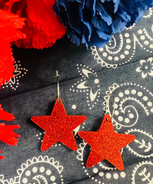 Glitter Red Star Hoop Earrings